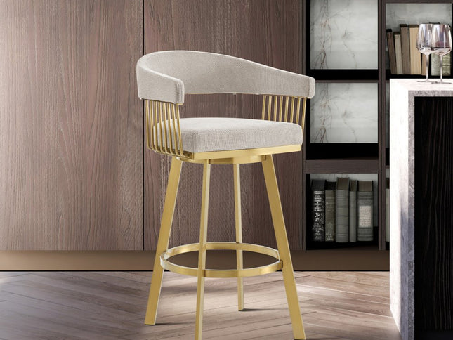 30" Taupe and Gold Fabric and Stainless Steel Low Back Bar Height Swivel Bar Chair