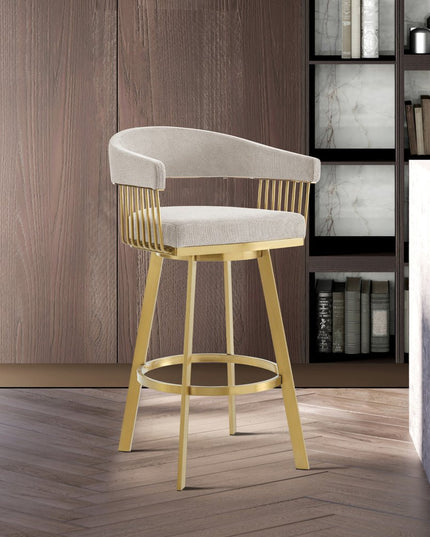 30" Taupe and Gold Fabric and Stainless Steel Low Back Bar Height Swivel Bar Chair