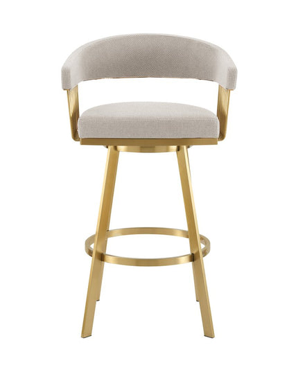 30" Taupe and Gold Fabric and Stainless Steel Low Back Bar Height Swivel Bar Chair
