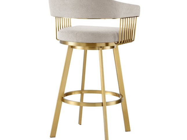 30" Taupe and Gold Fabric and Stainless Steel Low Back Bar Height Swivel Bar Chair