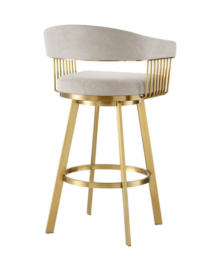 30" Taupe and Gold Fabric and Stainless Steel Low Back Bar Height Swivel Bar Chair