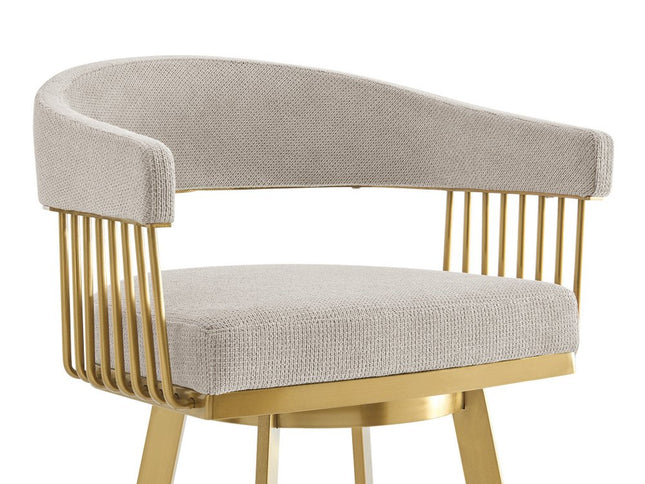 30" Taupe and Gold Fabric and Stainless Steel Low Back Bar Height Swivel Bar Chair