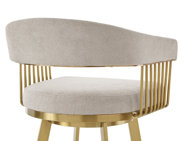 30" Taupe and Gold Fabric and Stainless Steel Low Back Bar Height Swivel Bar Chair