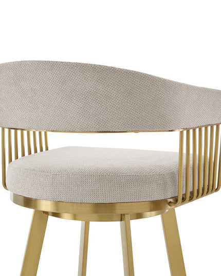 30" Taupe and Gold Fabric and Stainless Steel Low Back Bar Height Swivel Bar Chair