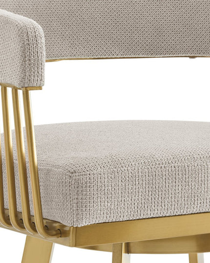 30" Taupe and Gold Fabric and Stainless Steel Low Back Bar Height Swivel Bar Chair