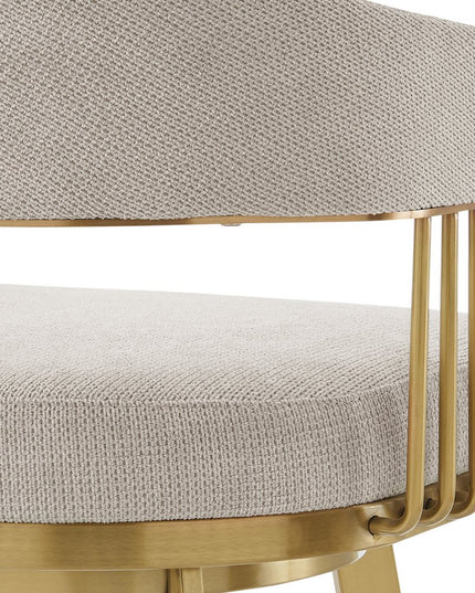 30" Taupe and Gold Fabric and Stainless Steel Low Back Bar Height Swivel Bar Chair