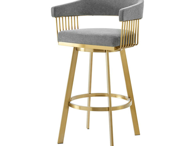26" Gray and Gold Fabric and Stainless Steel Low Back Counter Height Swivel Bar Chair
