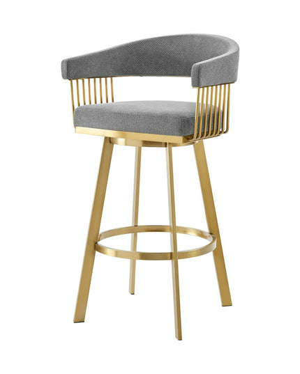 26" Gray and Gold Fabric and Stainless Steel Low Back Counter Height Swivel Bar Chair