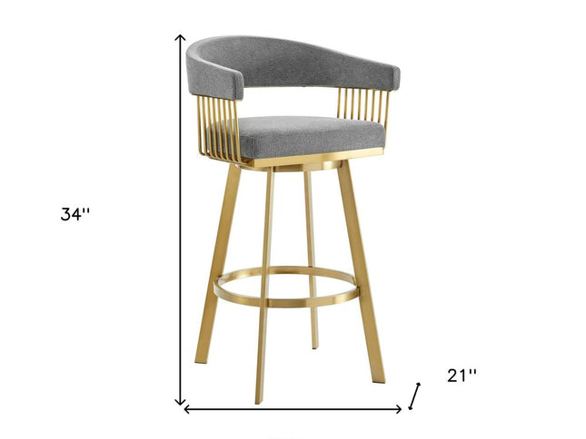 26" Gray and Gold Fabric and Stainless Steel Low Back Counter Height Swivel Bar Chair