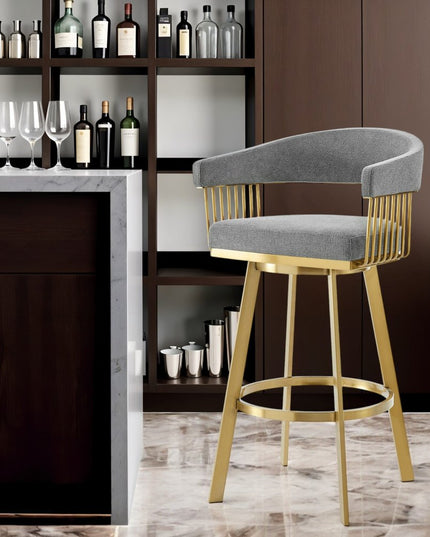 26" Gray and Gold Fabric and Stainless Steel Low Back Counter Height Swivel Bar Chair