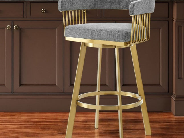 26" Gray and Gold Fabric and Stainless Steel Low Back Counter Height Swivel Bar Chair