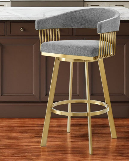 26" Gray and Gold Fabric and Stainless Steel Low Back Counter Height Swivel Bar Chair