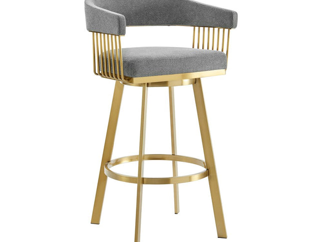 26" Gray and Gold Fabric and Stainless Steel Low Back Counter Height Swivel Bar Chair