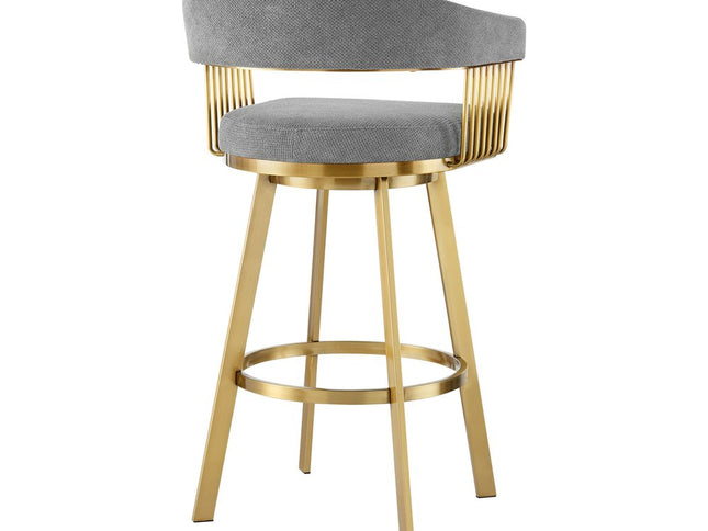 26" Gray and Gold Fabric and Stainless Steel Low Back Counter Height Swivel Bar Chair