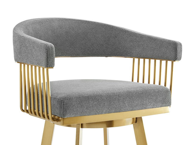 26" Gray and Gold Fabric and Stainless Steel Low Back Counter Height Swivel Bar Chair