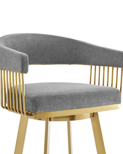 26" Gray and Gold Fabric and Stainless Steel Low Back Counter Height Swivel Bar Chair