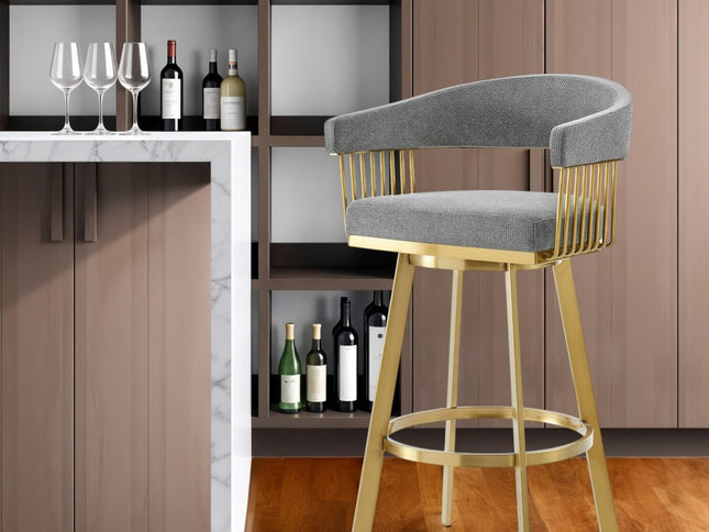 30" Gray and Gold Fabric and Stainless Steel Low Back Bar Height Swivel Bar Chair
