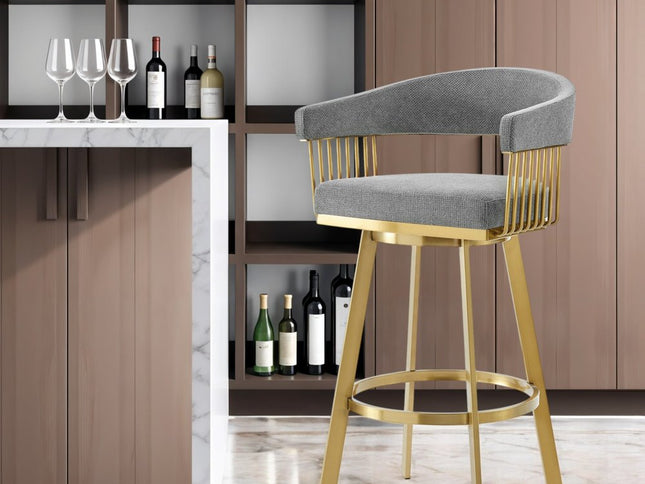 30" Gray and Gold Fabric and Stainless Steel Low Back Bar Height Swivel Bar Chair