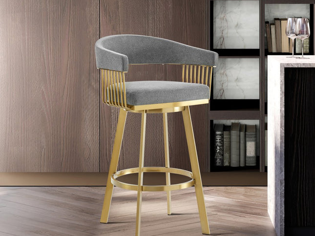30" Gray and Gold Fabric and Stainless Steel Low Back Bar Height Swivel Bar Chair