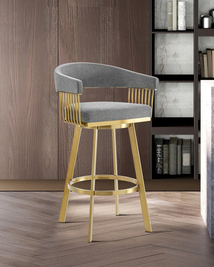 30" Gray and Gold Fabric and Stainless Steel Low Back Bar Height Swivel Bar Chair