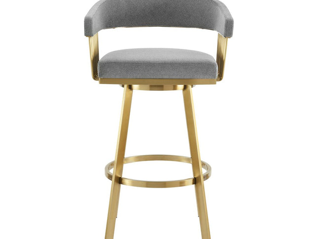 30" Gray and Gold Fabric and Stainless Steel Low Back Bar Height Swivel Bar Chair