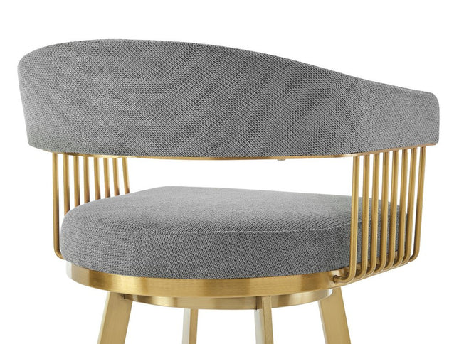 30" Gray and Gold Fabric and Stainless Steel Low Back Bar Height Swivel Bar Chair