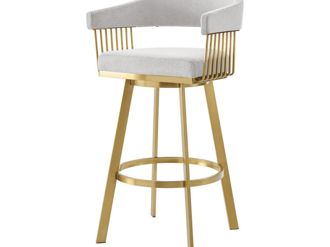 30" Silver and Gold Fabric and Stainless Steel Low Back Bar Height Swivel Bar Chair