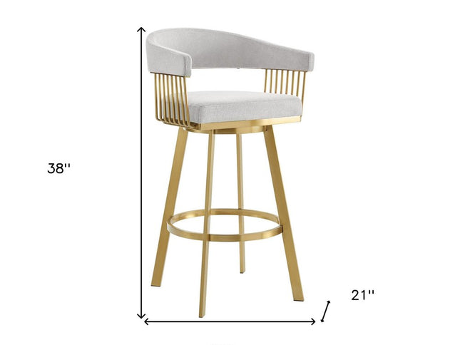 30" Silver and Gold Fabric and Stainless Steel Low Back Bar Height Swivel Bar Chair