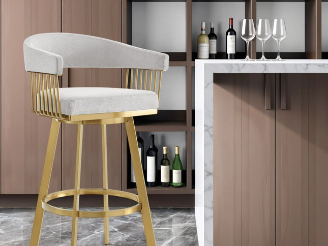 30" Silver and Gold Fabric and Stainless Steel Low Back Bar Height Swivel Bar Chair