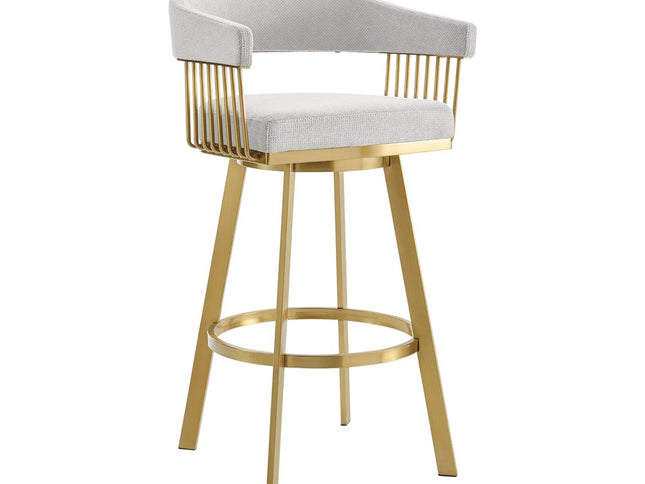 30" Silver and Gold Fabric and Stainless Steel Low Back Bar Height Swivel Bar Chair