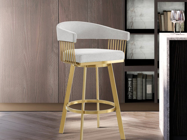 30" Silver and Gold Fabric and Stainless Steel Low Back Bar Height Swivel Bar Chair