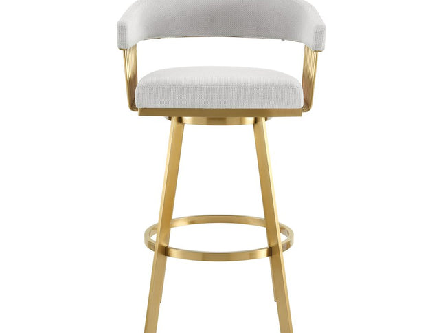 30" Silver and Gold Fabric and Stainless Steel Low Back Bar Height Swivel Bar Chair