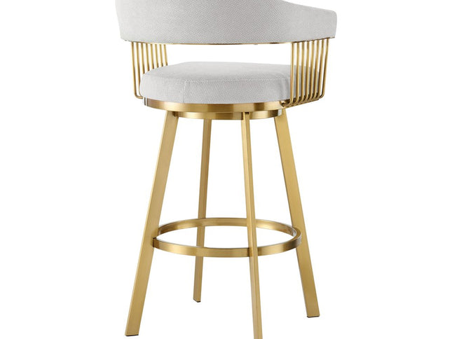 30" Silver and Gold Fabric and Stainless Steel Low Back Bar Height Swivel Bar Chair