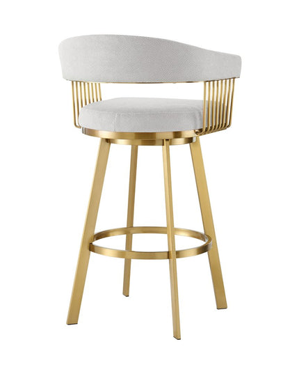 30" Silver and Gold Fabric and Stainless Steel Low Back Bar Height Swivel Bar Chair