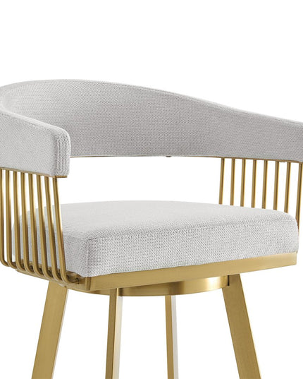 30" Silver and Gold Fabric and Stainless Steel Low Back Bar Height Swivel Bar Chair