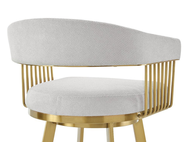 30" Silver and Gold Fabric and Stainless Steel Low Back Bar Height Swivel Bar Chair