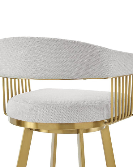 30" Silver and Gold Fabric and Stainless Steel Low Back Bar Height Swivel Bar Chair