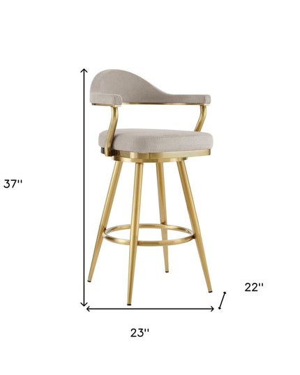 26" Taupe and Gold Fabric and Stainless Steel Counter Height Swivel Bar Chair