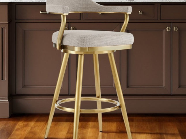 26" Taupe and Gold Fabric and Stainless Steel Counter Height Swivel Bar Chair