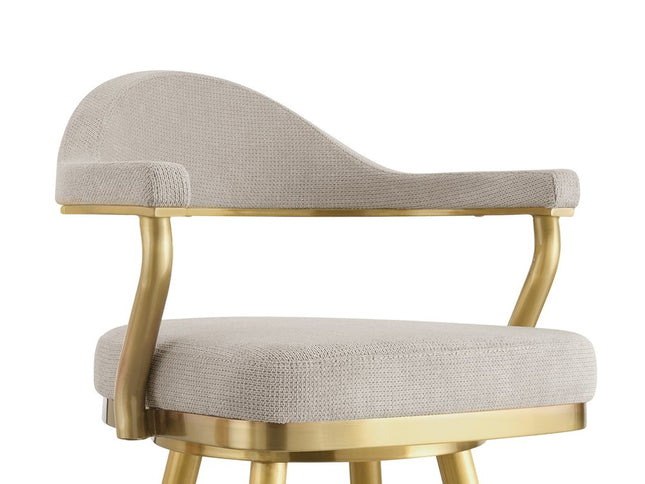 26" Taupe and Gold Fabric and Stainless Steel Counter Height Swivel Bar Chair