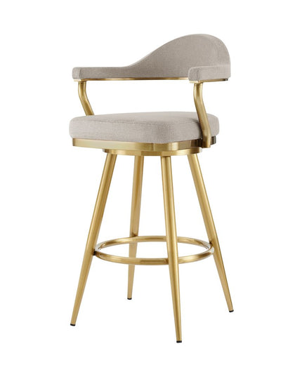 30" Taupe and Gold Fabric and Stainless Steel Bar Height Swivel Bar Chair