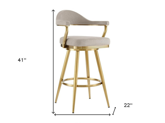 30" Taupe and Gold Fabric and Stainless Steel Bar Height Swivel Bar Chair