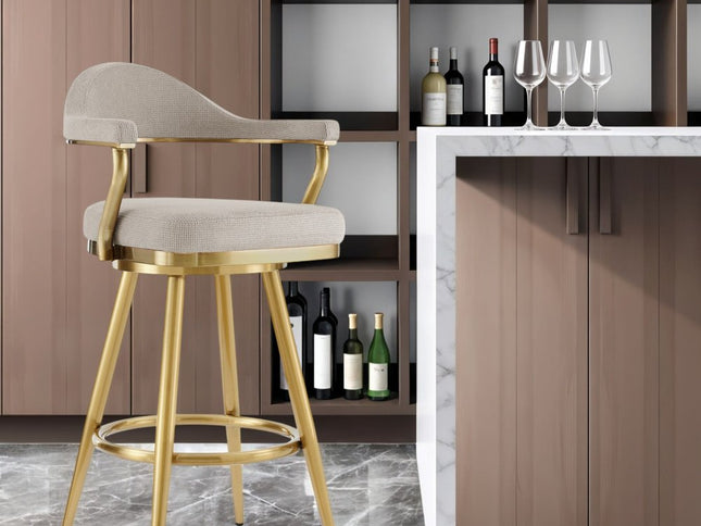 30" Taupe and Gold Fabric and Stainless Steel Bar Height Swivel Bar Chair