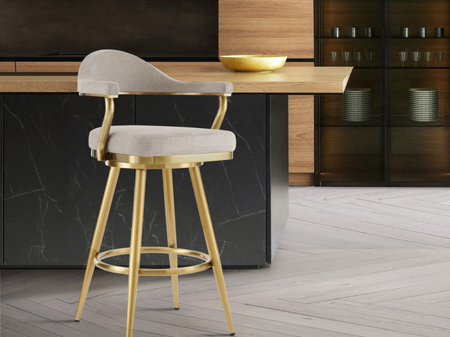 30" Taupe and Gold Fabric and Stainless Steel Bar Height Swivel Bar Chair