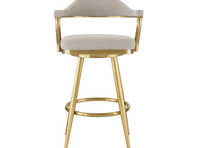 30" Taupe and Gold Fabric and Stainless Steel Bar Height Swivel Bar Chair