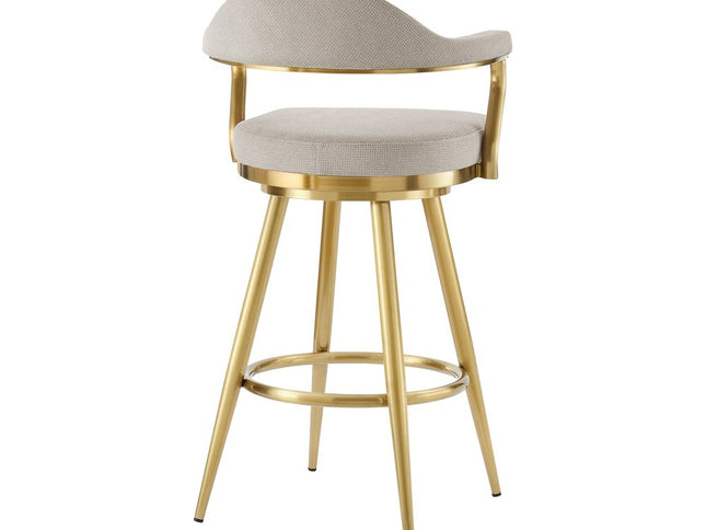 30" Taupe and Gold Fabric and Stainless Steel Bar Height Swivel Bar Chair