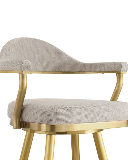 30" Taupe and Gold Fabric and Stainless Steel Bar Height Swivel Bar Chair