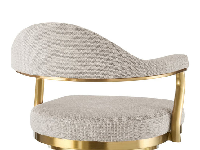 30" Taupe and Gold Fabric and Stainless Steel Bar Height Swivel Bar Chair