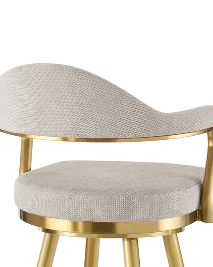 30" Taupe and Gold Fabric and Stainless Steel Bar Height Swivel Bar Chair
