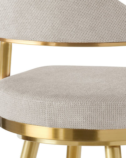 30" Taupe and Gold Fabric and Stainless Steel Bar Height Swivel Bar Chair